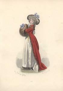 Nainen, jolla on suuri turkismuhvi, Marie Antoinetten aikakausi.