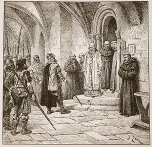 Swein vaatii lunnaita, kuvitus teoksesta "The Church of England: A History for the People", kirjoittanut H.D.M. Spence-Jones, pubi. n. 1910 (seepiavalokuva) tekijältä Francois Edouard Zier