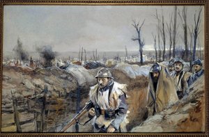 Ensimmäinen maailmansota: "" Näkymä Souchezista (Artoisissa), kaivanto 18.12.1915"" Francois Flamengin (1856-1923) akvarellimaalaus Joulukuu 1915 Su. 0,3x0,48 m Pariisi, musee de l