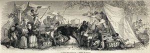 Ferogion piirtämien vesimelonien myynti Napolia ja napolilaisia kuvaamaan vuonna 1861, Marc Monnier (1829-1885). Kaiverrus ”” Le tour du monde”” 1861. Selvan kokoelma. tekijältä Francois Fortune Antoine (after) Ferogio