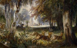 Wagramin prinssin metsästys, takaa-ajo, Francois Gabriel Guillaume Lepaullen (1804-1886) akvarellimaalaus.