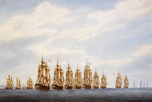 Yhdeksän laivan, kolmen fregatin ja kolmen korvetin laivueen lähtö, akvarelli Francois Roux (1811-1882), Ranska
