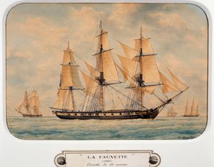 Korvetti Fauvette, Francois Roux (1811-1882), akvarelli, Ranska