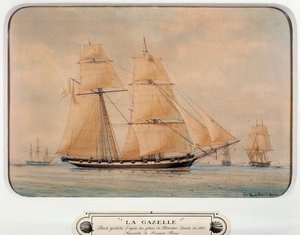 Kuunari La Gazelle, Francois Roux (1811-1882), akvarelli, Ranska