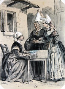 Lacemakers of Caen Normandiassa, "La Normandie Illustree", kaiverrus Charpentier, julkaistu Nantesissa 1852 (väri litho) tekijältä Francois Hippolyte (after) Lalaisse