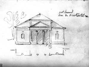 Arkkitehtoninen luonnos aiheesta "Travels in England", n. 1766 (kynä paperille)