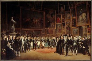 Kuningas Kaarle X (1757-1836) jakamassa palkintoja taiteilijoille vuoden 1824 näyttelyn jälkeen Francois Joseph Heimin (1787-1865) maalaus 1827 su. 1,73x2,56 m