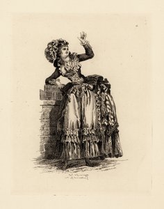 Muodikas nainen konepellissä a la Nicolet, Marie Antoinetten aikakausi (etsaus) tekijältä Francois Louis Joseph (after) Watteau