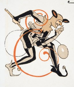 E-kirjain Personages de Comedien pubista. 1922 (stensiiliprintti) tekijältä Francois-Louis Schmied