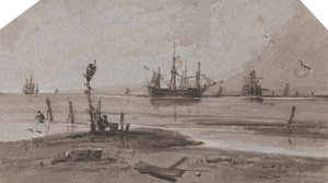 Alukset ankkuroituina avomerellä rauhallisella merellä tekijältä Francois Louis Thomas Francia