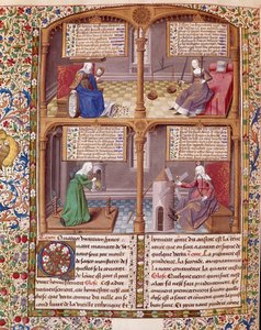 Neljä kardinaalivirusta: varovaisuus, voima, pidättyvyys ja oikeudenmukaisuus. Sivu otettu Senequen (Lucius Annaeus Seneca, 4 eKr.-65 jKr.), stoialaisen koulukunnan filosofin, näytelmäkirjailijan ja mestari Francoisin valaiseman roomalaisen valtiomiehen kä
