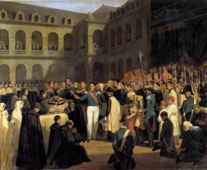 Fieschin hyökkäyksen uhrien hautajaiset 5.8.1835 kuningas Louis-Philippen läsnäollessa Giuseppe Fieschin (korsikan salaliittolainen) hyökkäys tapahtui 28. heinäkuuta 1835 Ranskan kuningasta Louis-Philippe I:tä vastaan, Boulevard du Temppeli Pariisissa. P