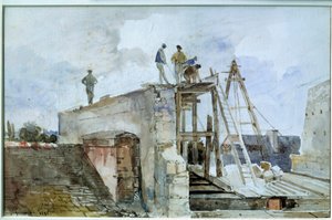 Rakenteilla oleva talonrakennustyömaa instituutin Granet-ikkunasta nähtynä. Akvarelli Francois Marius Granet (1775-1849). 1800-luvulla. Himmeä. 0,25x0,38 m. Pariisi, Louvre-museo tekijältä Francois Marius Granet