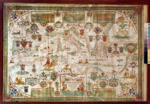 Välimeren maantieteellinen kartta, jossa näkyvät Euroopan rannikot (Ranska, Espanja, Italia ja Afrikka (Tunisia, Algeria, Egypti). Meri on asutettu hirviöillä ja karavelleilla, kun taas maalla näkyy kaikenlaisia eläimiä ja alueen asukkaita. regi tekijältä Francois Ollive