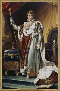Muotokuva keisari Napoleon I Bonapartesta (1769-1821) kruunausasussa. (Keisari Napoleon I Bonaparten muotokuva kruunausvaatteissaan). François Pascal Simonin maalaus, paroni Gerard (1770-1837), öljy kankaalle, noin 1804. Ranskalainen taide tekijältä Baron François Pascal Simon Gérard