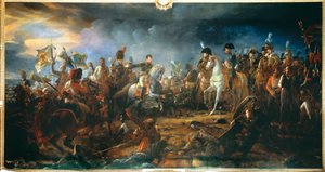 Austerlitzin taistelu 12.2.1805: Kenraali Rapp esittelee viholliselta otetut liput. François Gerardin (1770-1837) maalaus 1805 Sun. 2,1x9,58 m.