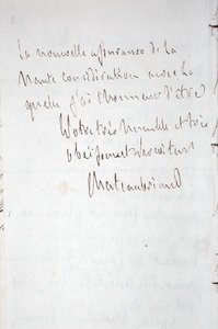 Kirje kirjoittajan allekirjoituksella, kirjoitettu Frankfurtissa matkalla Chateaubriaan ja uuteen virkaan täysivaltaisena ministerinä Berliinissä, 7. tammikuuta 1821 (kynä ja muste paperilla) tekijältä Francois Rene Vicomte de Chateaubriand