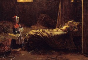 Punahilkka, yksityiskohta. Kuva tarinasta Charles Perraultista, punahilkka suden naamioituessa isoäidiksi. François Richard Fleuryn (1777-1852) maalaus 1800-luvun aurinko. 0,35x0,47 m. tekijältä Francois Richard Fleury
