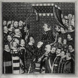 Ludvig II (1337-1410) Klemensin kreivi, osoittaa kunnioitusta Kaarle V:lle (1338-80) kopio 1300-luvun pienoismallista (akvarelli paperille) (mv/w kuva)