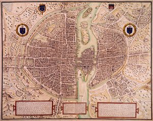 Pariisin kaupungin kartta vuosina 1540-1555 sanoi kuvakudos. Kaiverrus Francois Roger de Gaignieres (1642-1715). Pariisi, B.N.