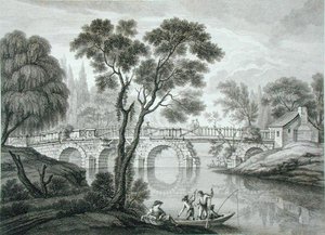 Suunnitelma tuhoisalle sillalle Syon Housen puutarhaan, julkaistu 1778 (kaiverrus) tekijältä Francois Vivarez