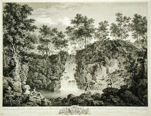 Näkymä kaskadista Bolton Parkissa, Cravenissa, Yorkshiressä, julkaistu 1753 (kaiverrus). tekijältä Francois Vivarez