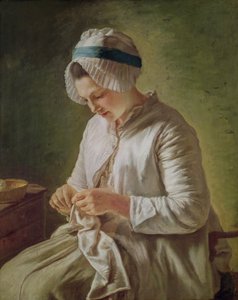 Ompelija tai nuori nainen työskentelee (öljy kankaalle)