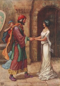 Geraldine ja paroni, Samuel Taylor Coleridgen Christabelista (väri litho) tekijältä Frank Adams