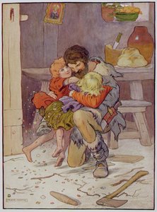 Hansel ja Kerttu palaavat, kuvitus "The Beautiful Book of Nursery Rhymes, Stories and Pictures", kirjoittaja Frank Adams, julkaisija Blackie und Son tekijältä Frank Adams