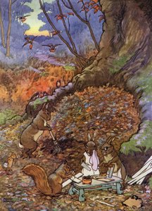 Kuvitus teokseen The Babes in the Wood (väri litho) tekijältä Frank Adams