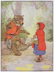 Punahilkka ja susi, kuvitus "The Beautiful Book of Nursery Rhymes, Stories and Pictures", kirjoittanut Frank Adams, julkaisija Blackie and Son