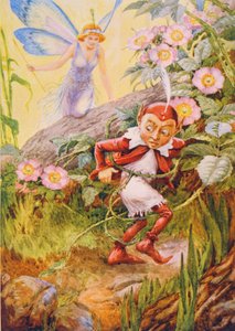 Nymfidia ja kiekko Michael Draytonin (1563-1631) "Nymphidiasta" kuvitettu M. Dorothy Belgraven ja Hilda Hartin teoksessa "Lasten tarinoita runoilijoista" tekijältä Frank Adams