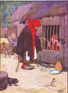 Vanha nainen sulki Hannun talliin, Blackie & Son Limitedin julkaisemasta Hannu ja Kerttu -kirjasta, n. 1940.