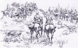 Bullersin ratsuväki ja tykistö etenemässä Bergendalissa, kuva Pretorian jälkeen: Sissisota, 1902