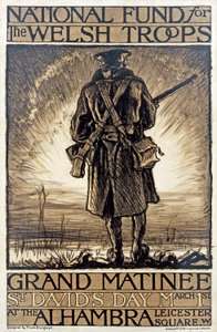 Juliste, joka mainostaa Walesin joukkojen kansallisen rahaston varainkeruutapahtumaa, 1. maaliskuuta 1915, tekijältä Frank Brangwyn