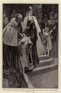 Heidän majesteettinsa poistuvat ylähuoneesta kuninkaan puheen lukemisen jälkeen. tekijältä Frank Craig