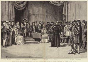 Luther ennen valtiopäiviä Wormsissa, 1521, kohtaus Lutherin historiallisesta draamasta, esitetty Wormsissa, 30. lokakuuta 1883