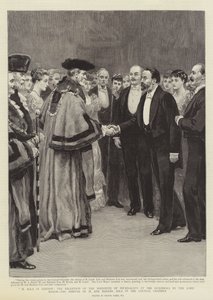 M. Zola Lontoossa, lordipormestarin vastaanotto Journalisti-instituutille Guildhallissa, M. ja Madame Zolan saapuminen neuvoston istuntosaliin.