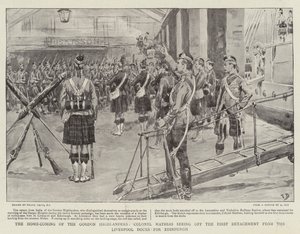 Gordon Highlandersin kotiintulo, eversti Mathias näkemässä ensimmäisen yksikön Liverpool Docksista Edinburghiin