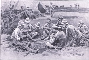 Väsyneitä sotilaita lepäämässä, teoksesta After Pretoria: The Guerilla War, jonka on julkaissut Harmsworth Bros Limited, 1901. tekijältä Frank Dadd