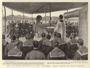 Sir Claude MacDonaldin kanssa H M S Endymionissa, jumalanpalvelus sunnuntaiaamuna