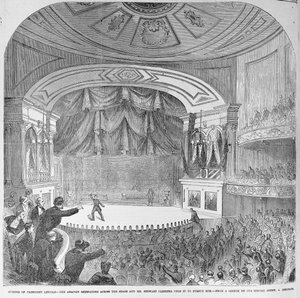 Abraham Lincolnin (1809-65) salamurha Fordin teatterin laatikossa, 14. huhtikuuta 1865, "Frank Leslien kuvitetusta sanomalehdestä", 20. toukokuuta 1865