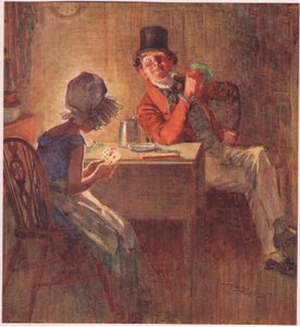 Maaherratar pitää korttejaan tiukasti molemmissa käsissään ja harkitsee, mitkä kortit pelaa, 1920 (värilitografia). tekijältä Frank Reynolds