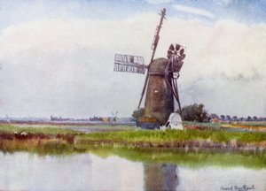 Norfolk Broads: Mill Country Stokesbyn yläpuolella (väri litho) tekijältä Frank Southgate