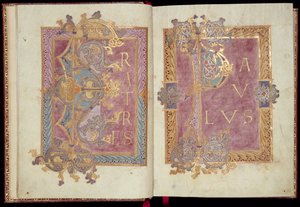 Ms McClean 30, ff.2v-3r: Alkusivut, jotka on kehystetty Acanthuksen lehdillä, Reichenau Epistolary, 10. vuosisadan lopulla (kultamuste ja tempera pergamentilla)