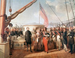 Englannin kuningattaren Victorian ja Ranskan kuninkaan Louis-Philippin haastattelu Victoria and Albert -jahdilla Treportin edustalla, 2. syyskuuta 1843 (Detail Painting