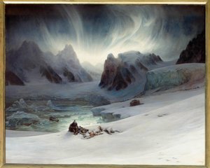 Magdalenanlahti katsottuna niemimaan haudasta, Pohjois-Huippuvuorilta. Aurora borealis vaikutus. Öljy kankaalle, 1,30 x 1,63 m. - "" Magdalenan lahti, näkymä Spitzbergin pohjoispuolella sijaitsevalta hautojen niemimaalta, revontulien vaikutus"" Francois Au