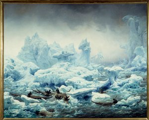 Näkymä jäiselle valtamerelle, mursun kalastus grönlantilaisten toimesta. Francois Auguste Biardin (1799-1882) maalaus 1841 Su. 1,3x1,63 m Dieppe, musee du chateau - Mursun kalastus Jäämerellä. Näkymä Napamerelle, grönlantilaiset metsästävät mursua. Maalauk