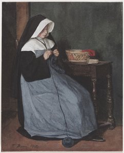 Pöydän ääressä istuva nunna neuloa, 1862.
