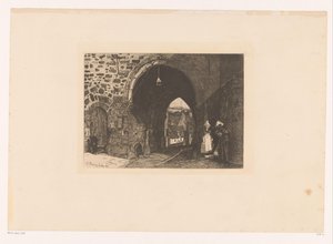 Gezicht op de Porte de St. Malo te Dinan Deu aiguaforts, dibuixats i gravats per F. Bonvin, pintor (títol de la sèrie) tekijältä François Bonvin